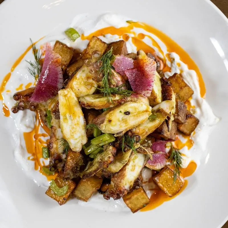 Grilled octopus and potatoes over white sauce, garnished with radish and dill.