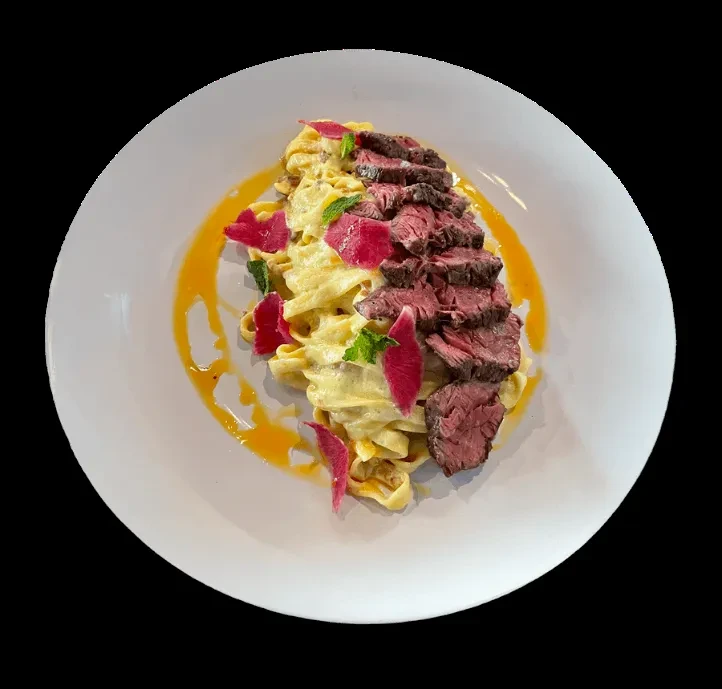 White plate with steak slices, pasta, sauce, and radish slices.