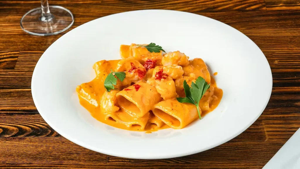Close-up of creamy shrimp pasta with orange-red sauce and parsley.