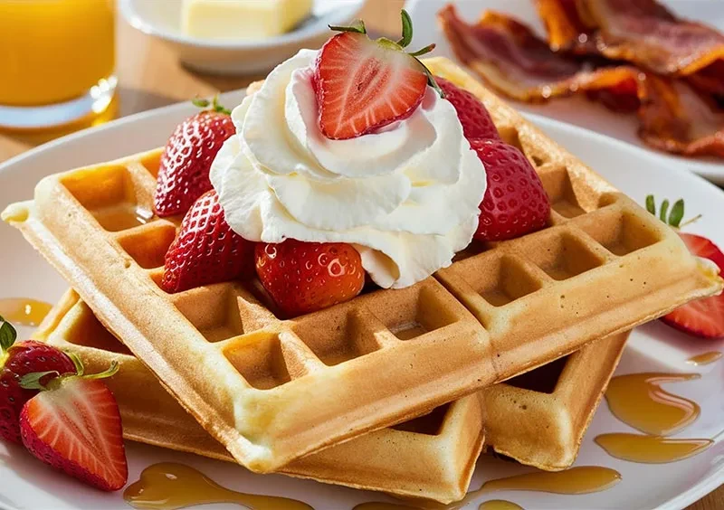Two waffles topped with whipped cream, strawberries, and syrup.