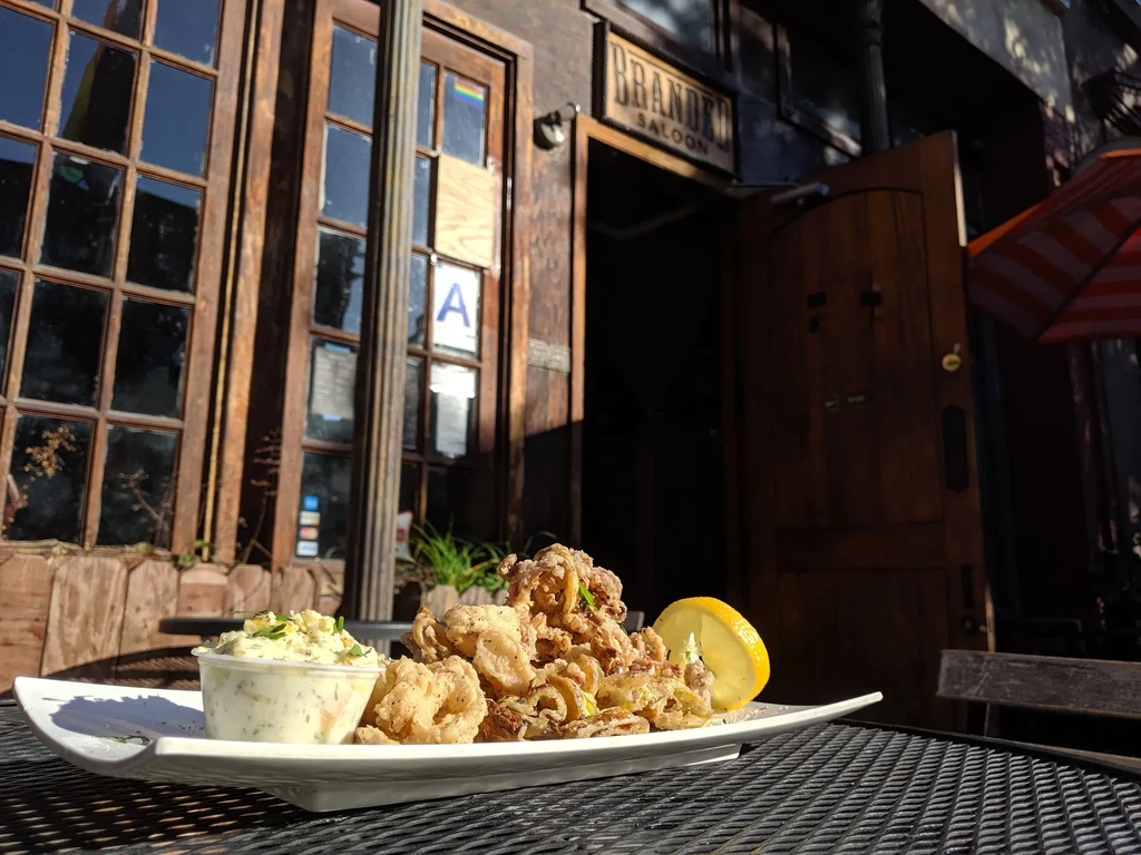 Fried calamari and tartar sauce on a table in front of a saloon.