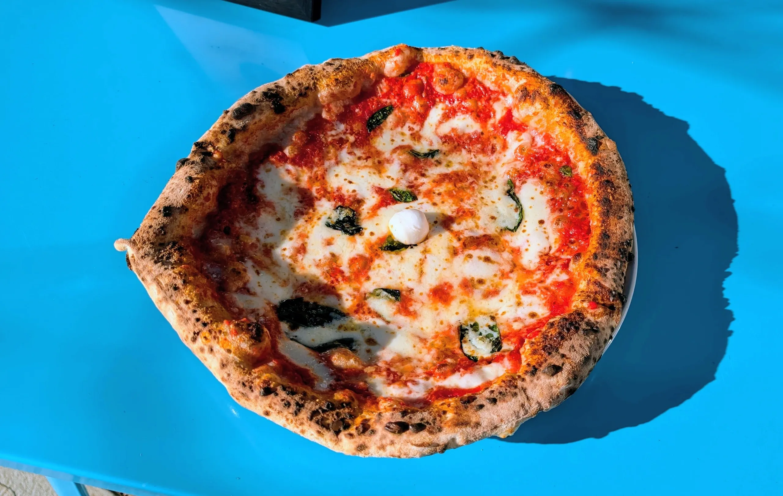 A Neapolitan pizza with tomato, mozzarella, and basil on a blue table.