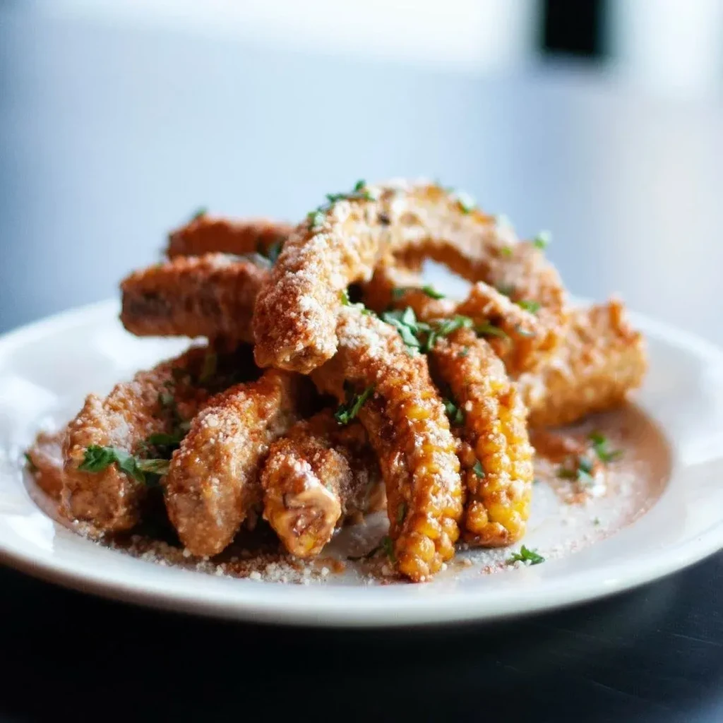 A plate of Elote style fried corn ribs with cheese and herbs.