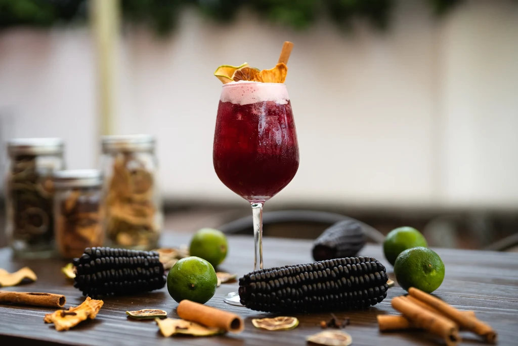 Red cocktail with foam, cinnamon, and dried fruit on a rustic table.