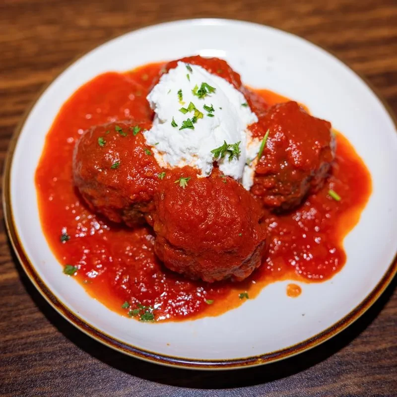 Meatballs in red sauce topped with ricotta and parsley on a white plate.