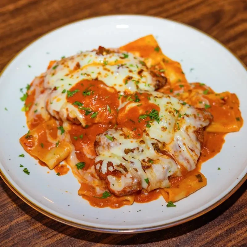 Chicken parmesan with pasta in tomato sauce, topped with melted cheese.