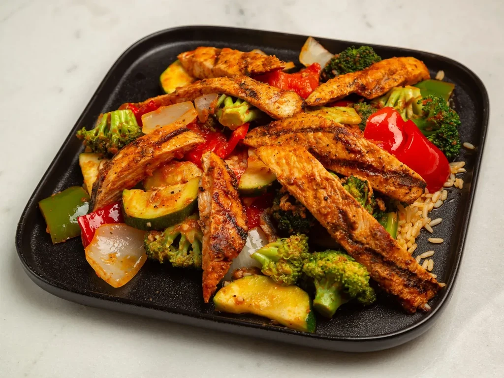 Grilled chicken strips, roasted vegetables, and rice on a black plate.