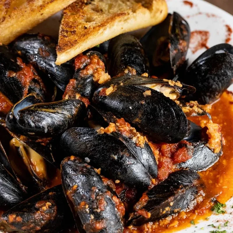 A plate of mussels in red sauce with two pieces of toast.