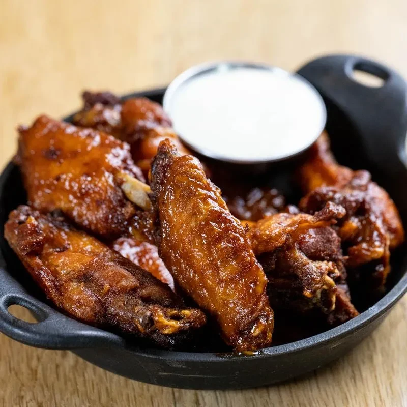 Sticky chicken wings with sauce and a side of ranch dressing.