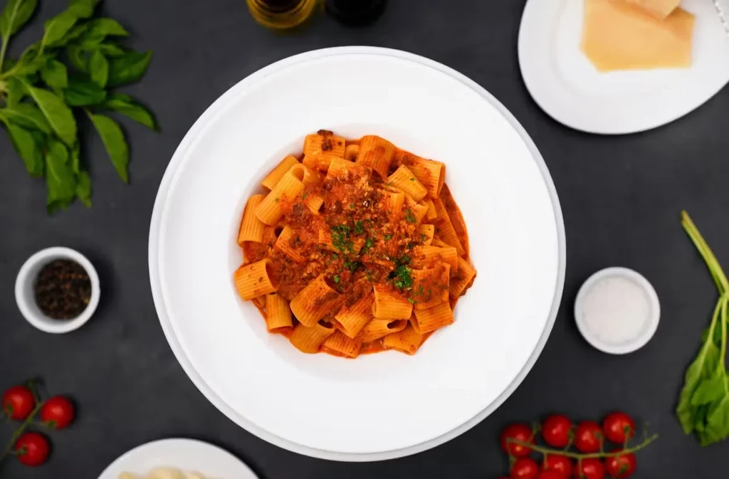 Overhead view of rigatoni with tomato sauce, surrounded by ingredients.