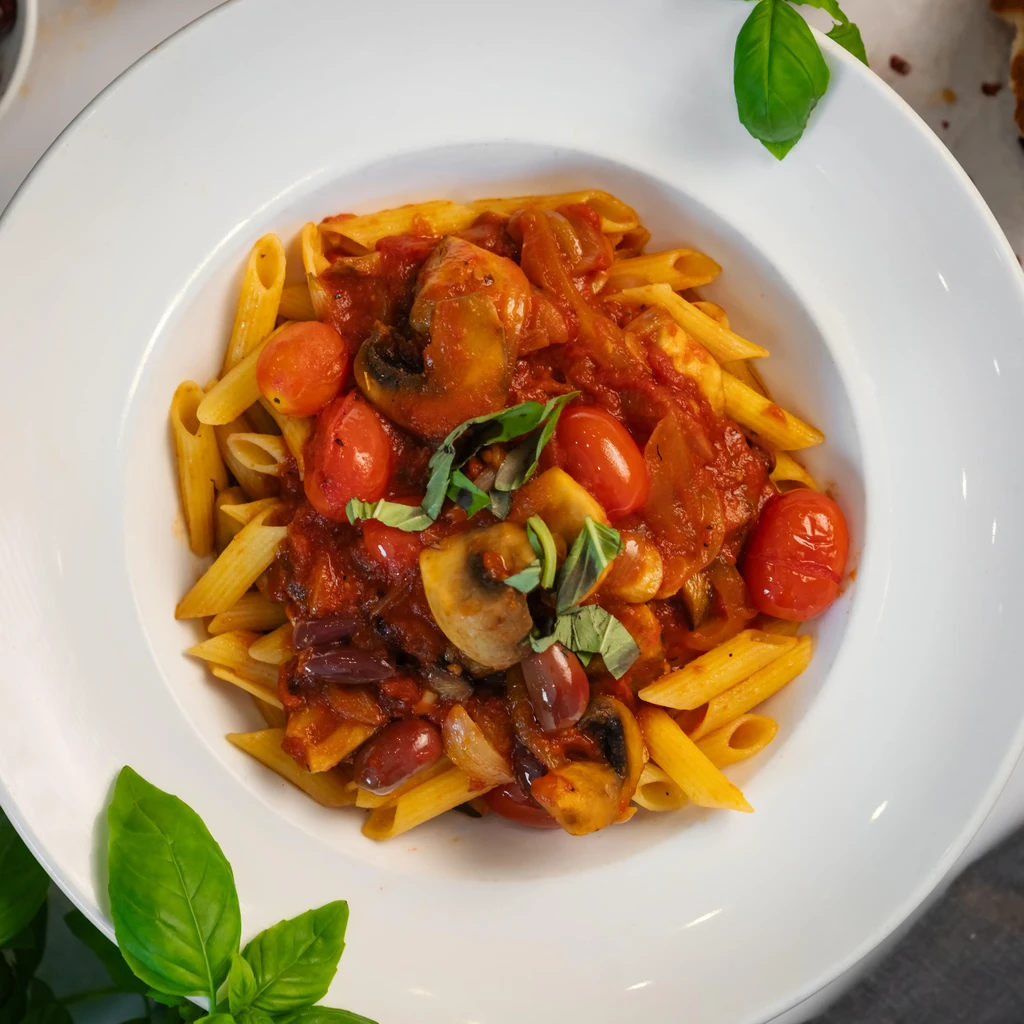 Penne pasta with tomato sauce, mushrooms, olives, and cherry tomatoes.