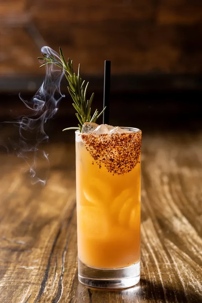 Tall drink with a spice-rimmed glass, rosemary garnish, and wisps of smoke.