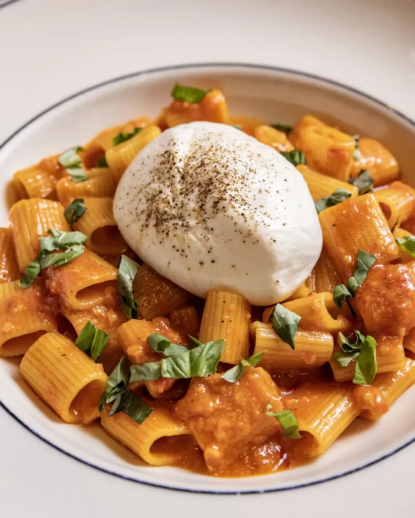 A plate of rigatoni pasta with tomato sauce, burrata, and basil.