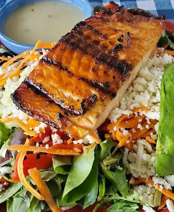 Grilled salmon filet on a bed of salad with cheese and avocado.