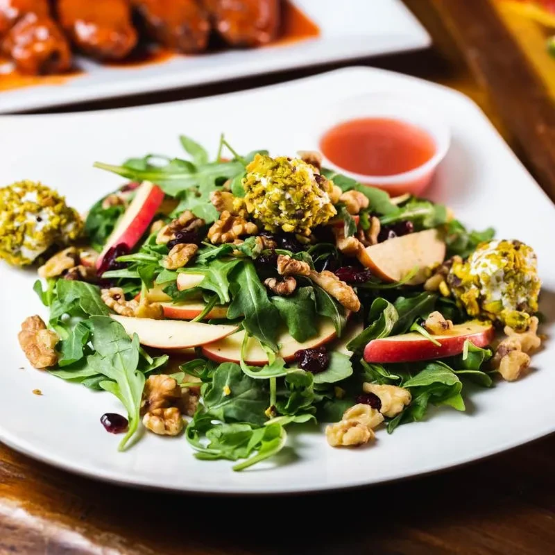 Arugula salad with apples, walnuts, cranberries, and goat cheese balls.