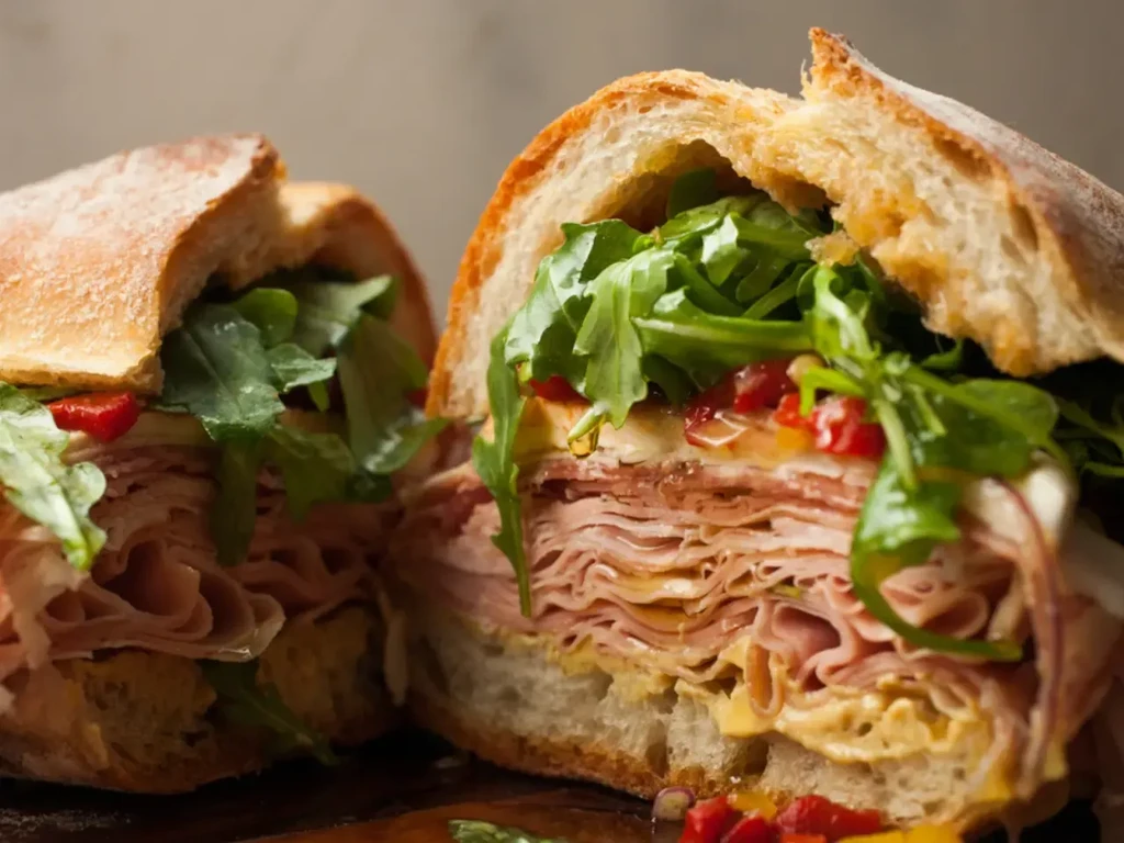 A ciabatta sandwich stuffed with deli meat, arugula, and roasted red peppers.