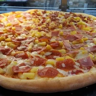 Large half-pepperoni, half-ham and pineapple pizza.