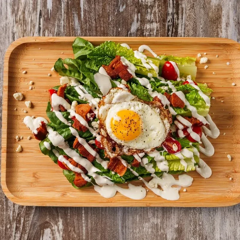 A Caesar salad with bacon, tomatoes, cheese, and a fried egg on a wooden tray.