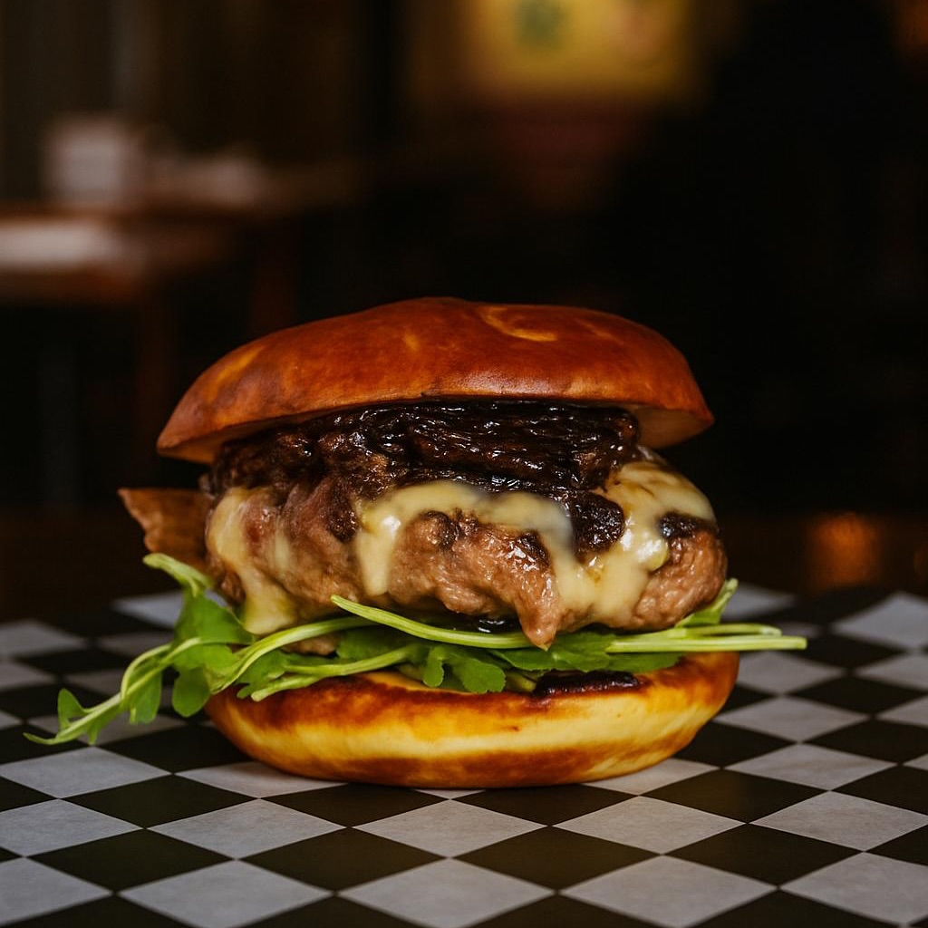 Cheeseburger with caramelized onions and arugula on checkered paper.