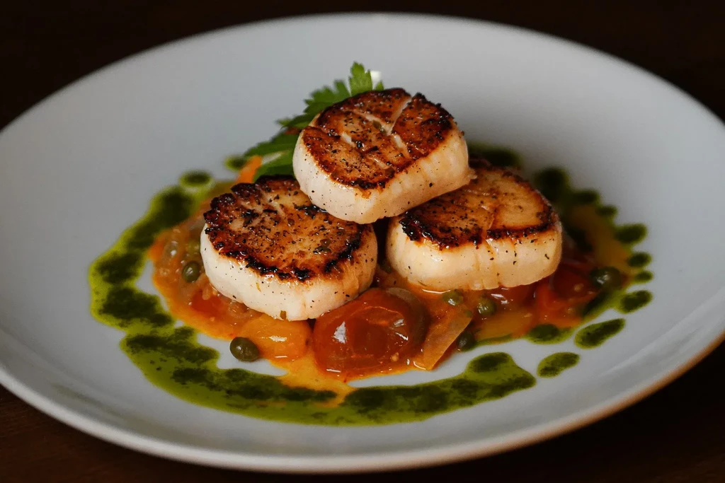 Three seared scallops with sauce and greens on a white plate.
