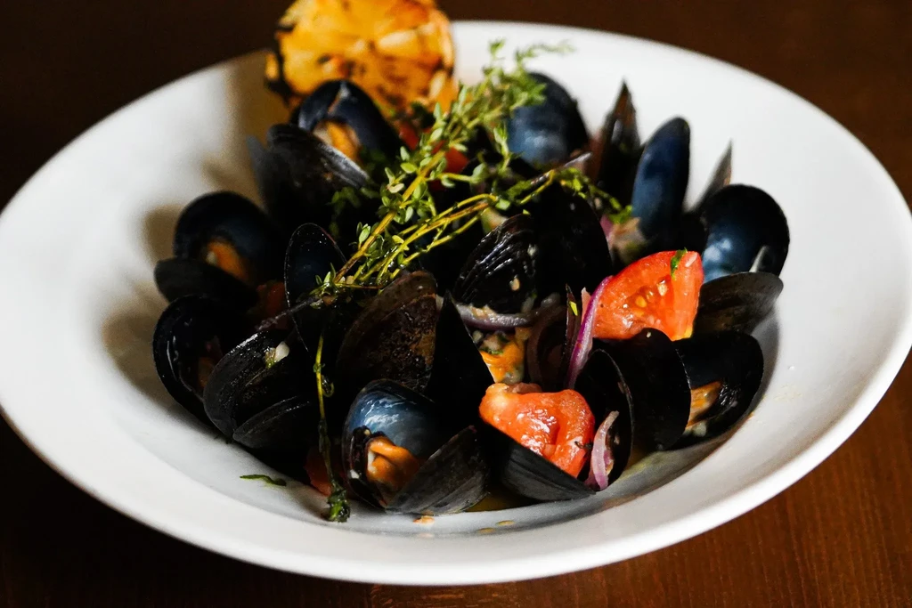 Mussels in black shells with tomatoes, onions, and herbs on a white plate.