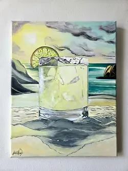 Painting of a margarita on a beach, with a sunset and ocean.