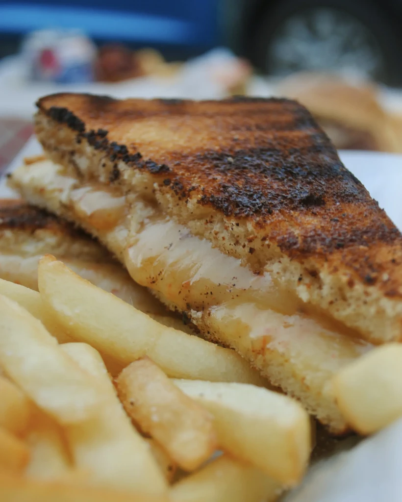 A grilled cheese sandwich with melted cheese and a side of french fries.