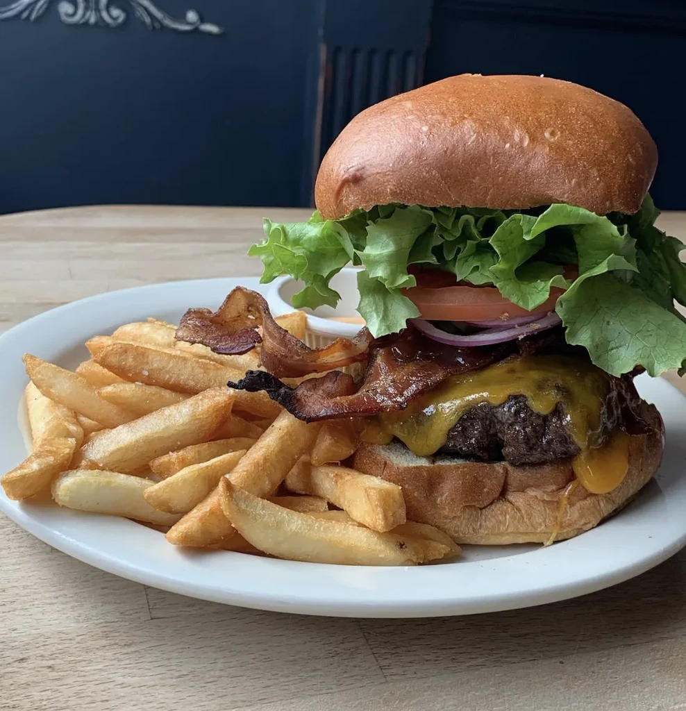 A bacon cheeseburger with lettuce, tomato, onion, and a side of fries.