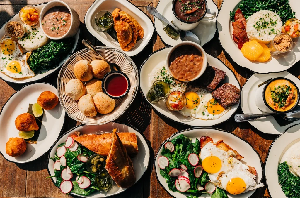 An overhead shot of various dishes of Brazilian food.