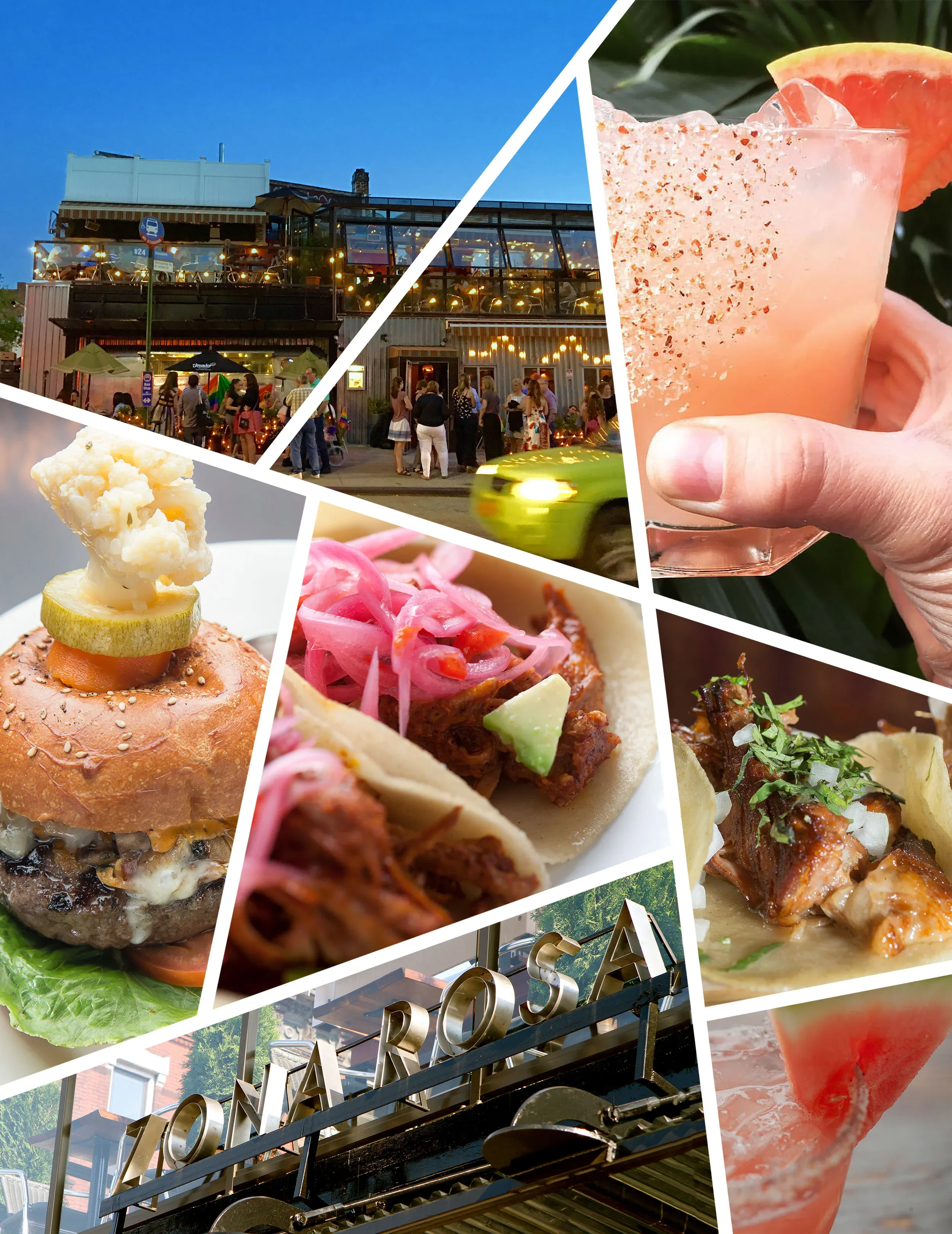 A collage of night-time street scenes and close-ups of food and cocktails.
