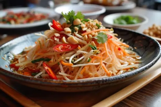 A plate of papaya salad with chilies, sprouts, carrots, and peanuts.