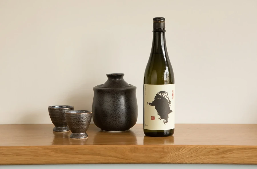 Sake bottle, carafe, and two cups on a wooden surface.