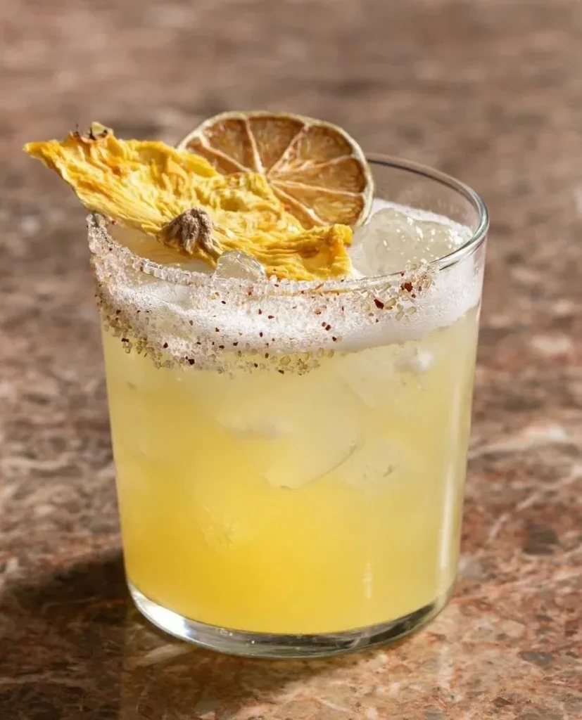 Yellow cocktail with foamy top, ice, salted rim, and dried fruit garnish.