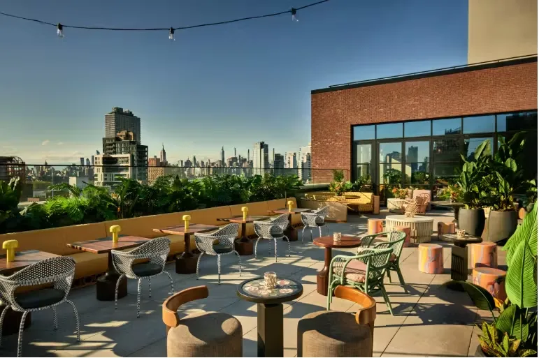 Rooftop terrace with seating, plants, and a city skyline view.