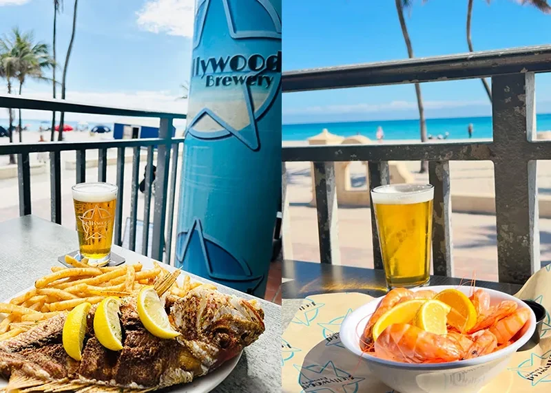 Fried fish, shrimp, fries, and beer at a beachside Hollywood Brewery.