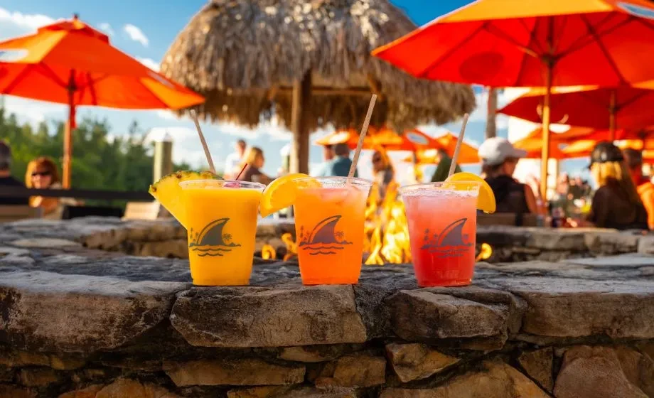 Three vibrant tropical drinks with fruit garnishes on a stone ledge.