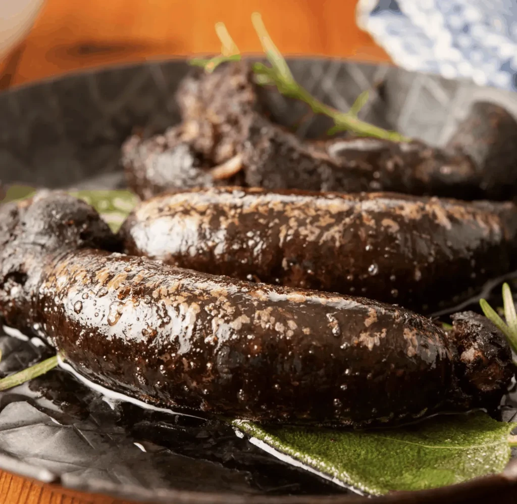Dark, cooked sausages or blood pudding garnished with fresh herbs.