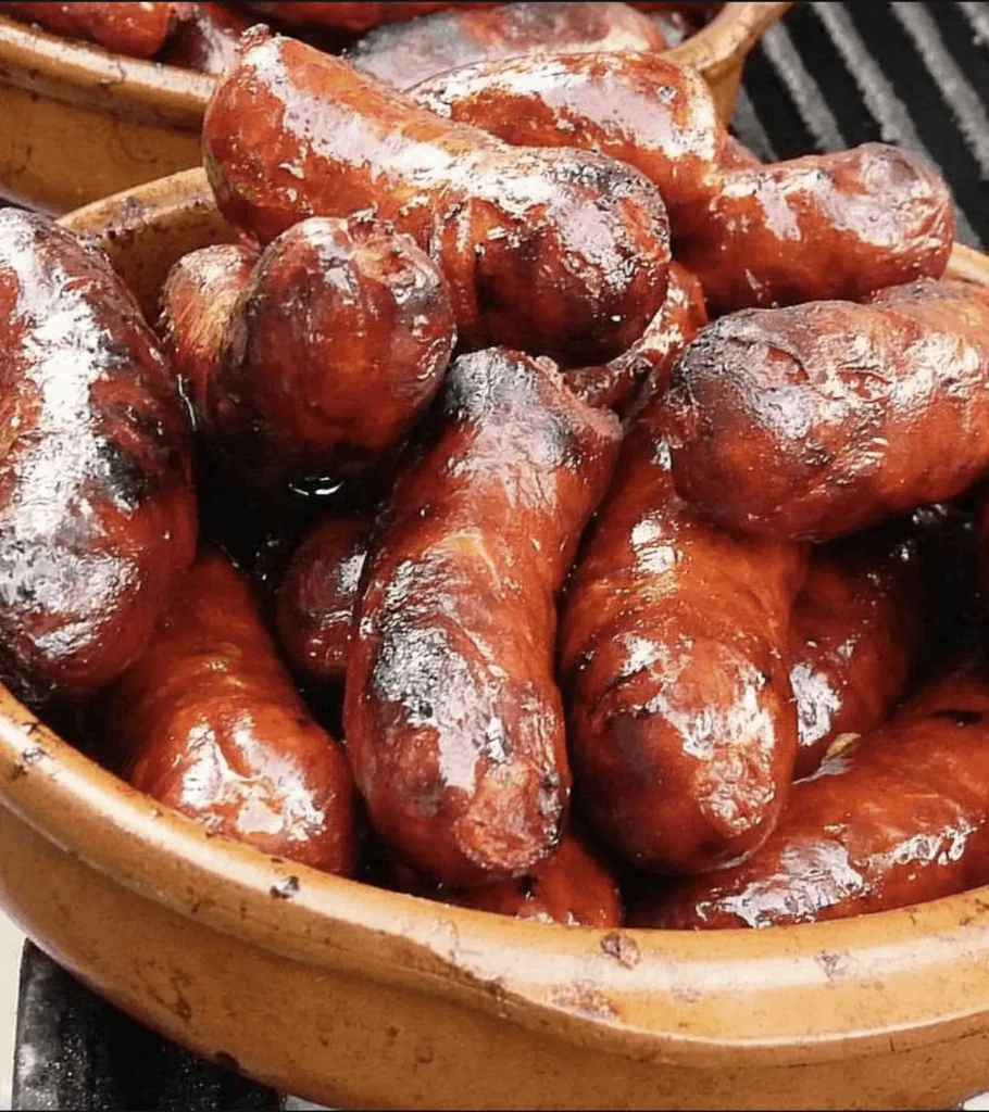 Grilled sausages, glistening and charred, piled high in a rustic ceramic bowl.