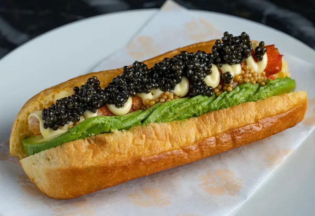 Gourmet hot dog with caviar, avocado, mustard seeds, and creamy sauce.