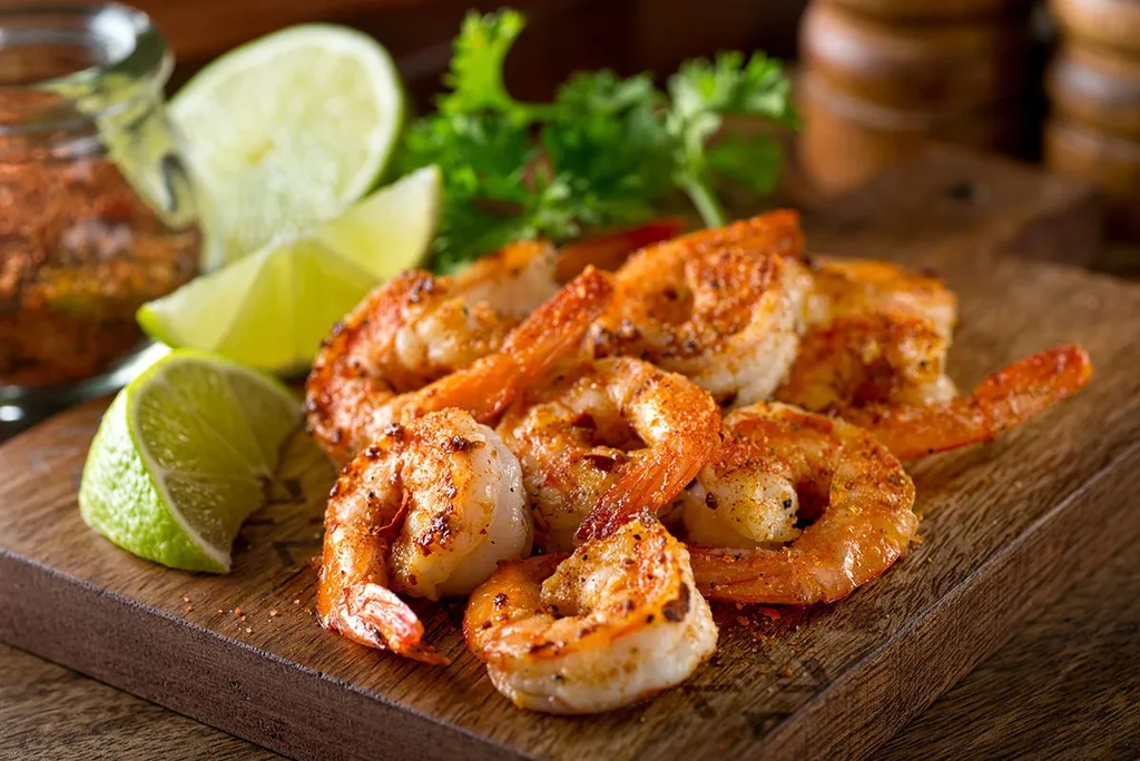 Grilled, seasoned shrimp with lime wedges and herbs on a wooden board.