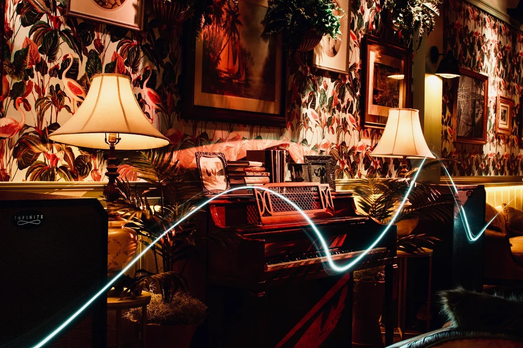 Upright piano in a lounge with flamingo wallpaper and a light trail.