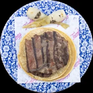 Grilled steak taco, two spring onions, on Tacology branded parchment paper.