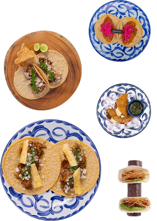 Composite display of five distinct taco and savory snack arrangements, Tacoboy.