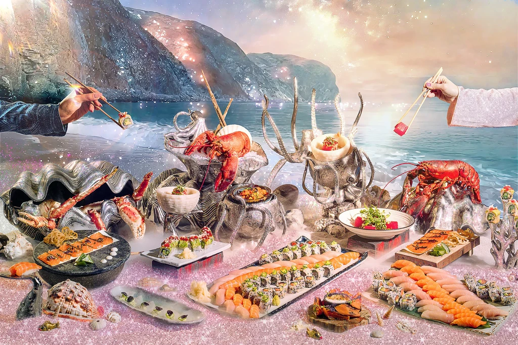 Hands pick sushi from opulent seafood on sparkling ocean mountain landscape.