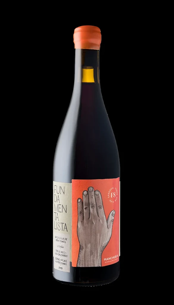 Dark wine bottle with orange wax seal, 'FUNDAMENTALISTA' label, human hand.