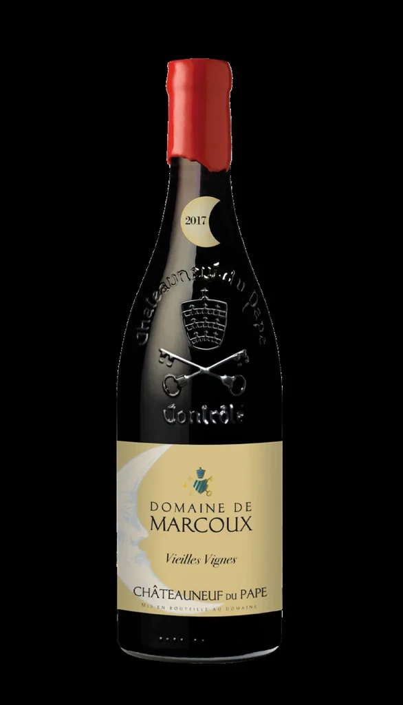Domaine de Marcoux Châteauneuf du Pape 2017 red wine bottle, red wax.