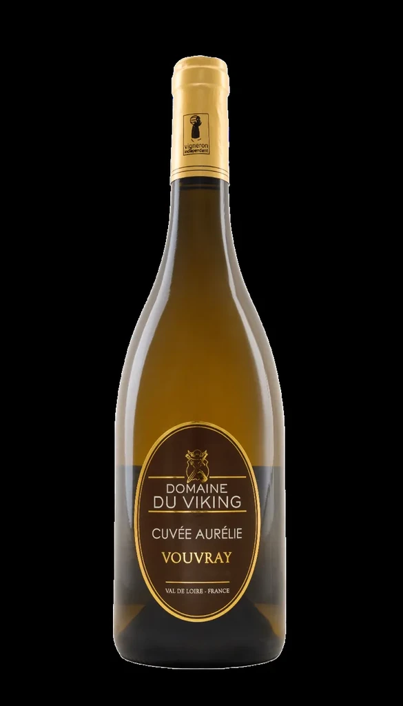 White wine bottle with "Domaine du Viking Vouvray" label on black.
