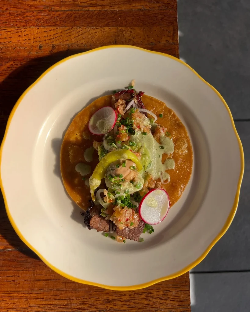 Plated taco with grilled meat, salsa, green sauce, and radish.