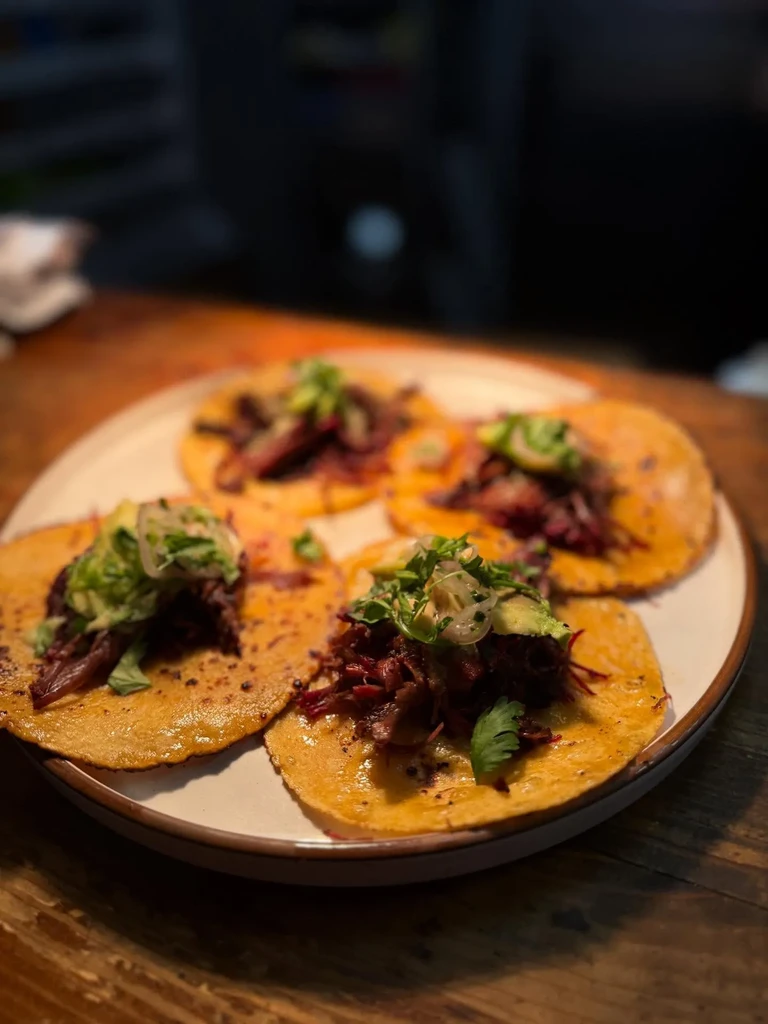 Well-presented plate of four tacos with meat, avocado, onions, cilantro.