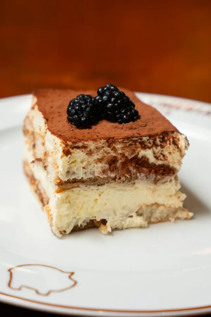 Tiramisu slice with distinct layers, cocoa powder, and blackberries on a plate.